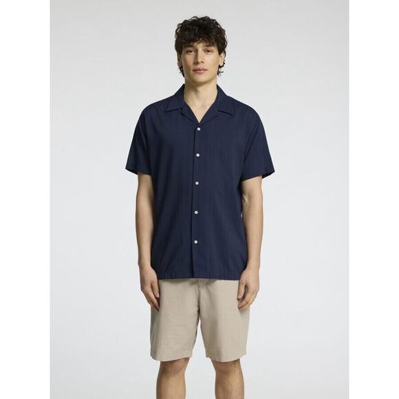 Selected Homme Slim Cuban Collar Shirt Sky Captain Blue Short Sleeve Size 18 / M - Picture 1 of 7